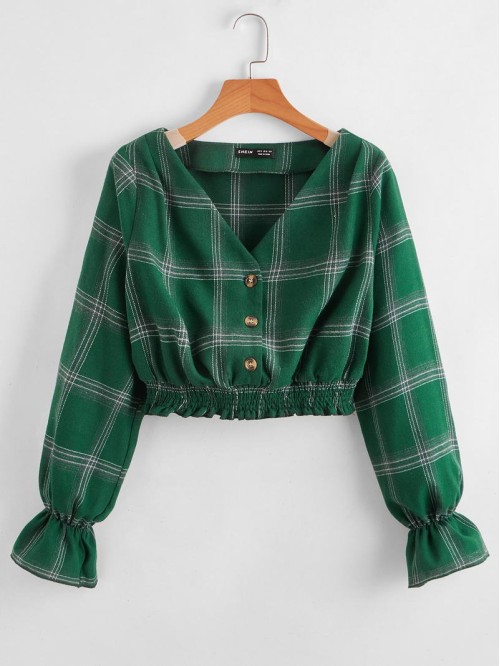 Button Front Bell Sleeve Shirred Tight Hem Plaid Top