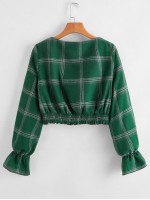 Button Front Bell Sleeve Shirred Tight Hem Plaid Top