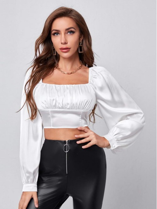 Ruched Bust Lantern Sleeve Crop Satin Top