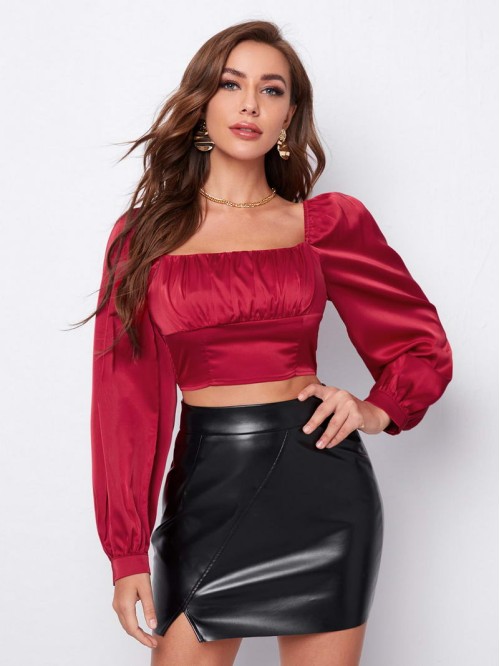 Ruched Bust Lantern Sleeve Crop Satin Top