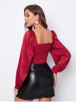 Ruched Bust Lantern Sleeve Crop Satin Top