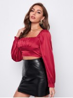 Ruched Bust Lantern Sleeve Crop Satin Top