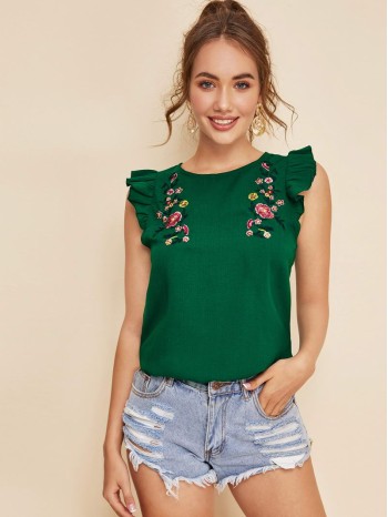 Embroidered Floral Ruffle Armhole Blouse