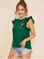 Embroidered Floral Ruffle Armhole Blouse