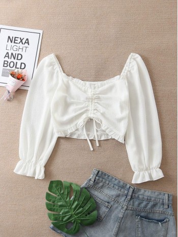 Drawstring Front Sweetheart Neck Crop Blouse