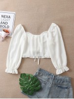 Drawstring Front Sweetheart Neck Crop Blouse