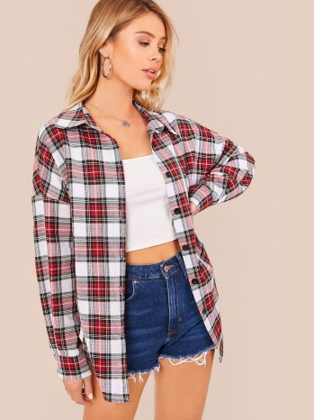 Drop Shoulder Tartan Blouse