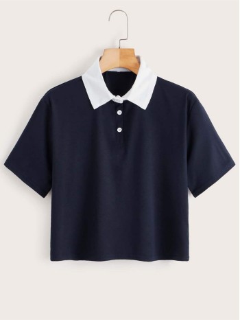 Contrast Collar Button Front Polo Tee