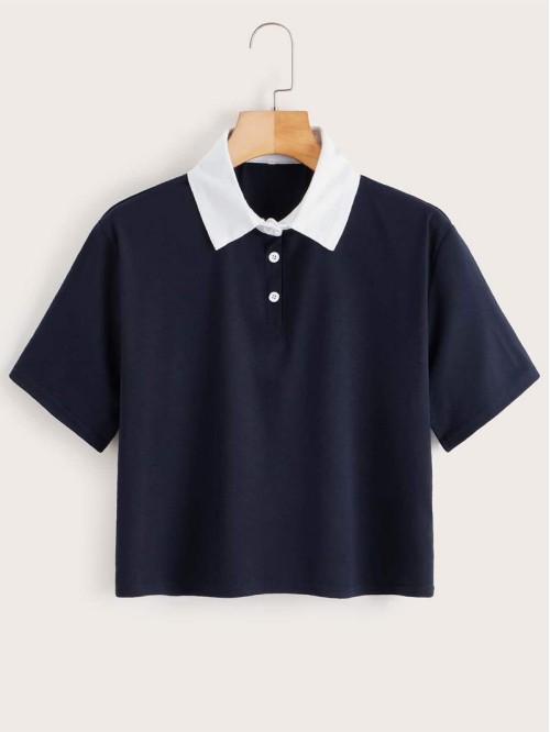 Contrast Collar Button Front Polo Tee