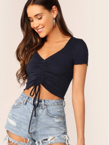 Ruched Drawstring Front Crop Tee