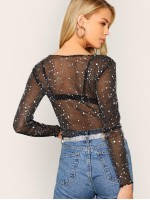 Lettuce Trim Glitter Sheer Mesh Top Without Bra