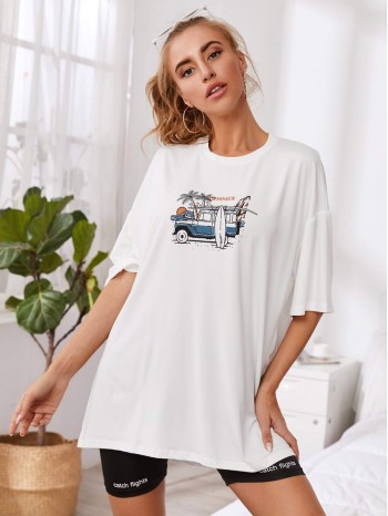 Drop Shoulder Letter & Car Print Tee