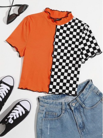 Checked Colorblock Lettuce Trim Tee