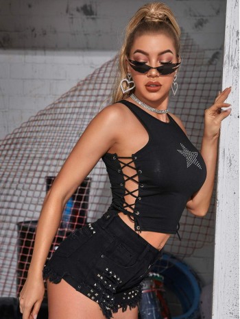 Rhinestone Star Graphic Lace-Up Tank Top