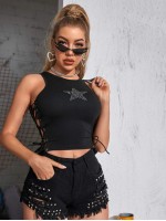 Rhinestone Star Graphic Lace-Up Tank Top