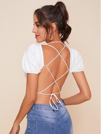 Puff Sleeve Ruched Bust Lace Up Backless Crop Top