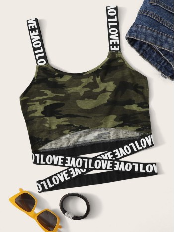 Love Graphic Camo Print Crop Top