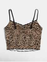 Contrast Lace Detail Lettuce Trim Leopard Cami Top