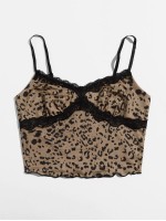 Contrast Lace Detail Lettuce Trim Leopard Cami Top