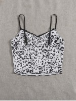 Contrast Lace Detail Lettuce Trim Leopard Cami Top