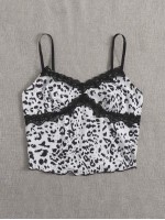 Contrast Lace Detail Lettuce Trim Leopard Cami Top