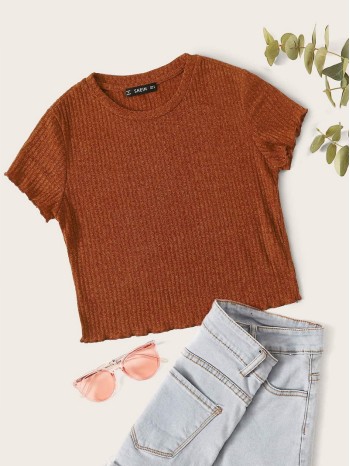 Lettuce Trim Rib-knit Crop Tee