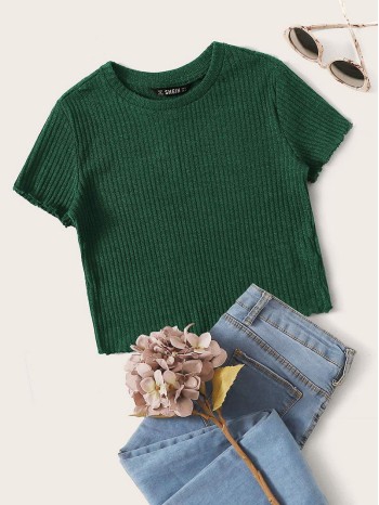 Lettuce Trim Rib-knit Crop Tee