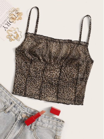 Frill Trim Crinkle Leopard Cami Top