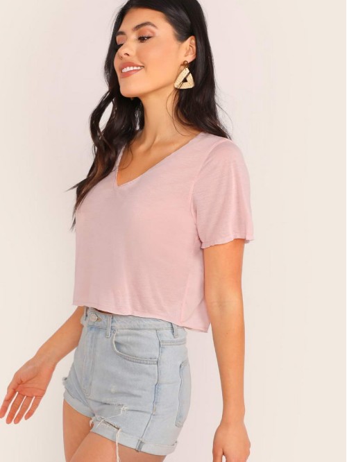 V-neck Crop Solid Tee