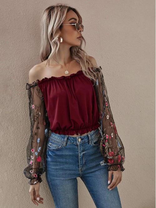 Flower Mesh Embroidered Sleeve Bardot Top