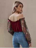 Flower Mesh Embroidered Sleeve Bardot Top