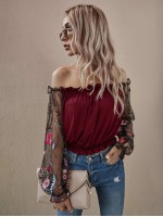 Flower Mesh Embroidered Sleeve Bardot Top