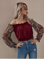 Flower Mesh Embroidered Sleeve Bardot Top