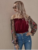 Flower Mesh Embroidered Sleeve Bardot Top