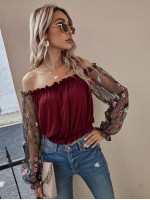 Flower Mesh Embroidered Sleeve Bardot Top