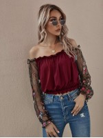 Flower Mesh Embroidered Sleeve Bardot Top