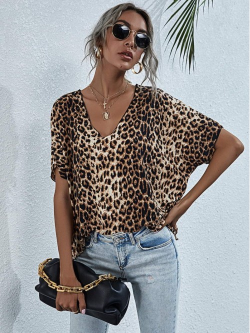 Leopard Batwing Sleeve Oversized Tee