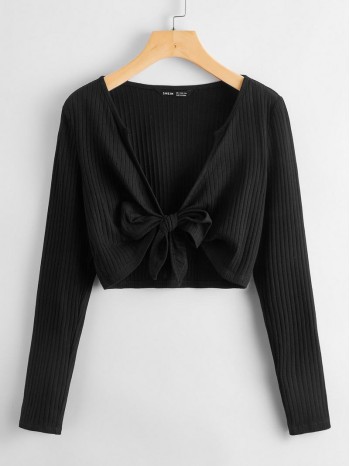 Tie Front Rib-knit Solid Top