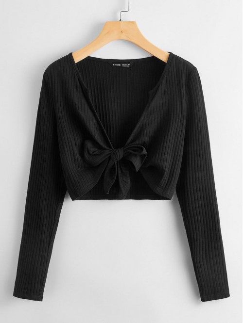 Tie Front Rib-knit Solid Top