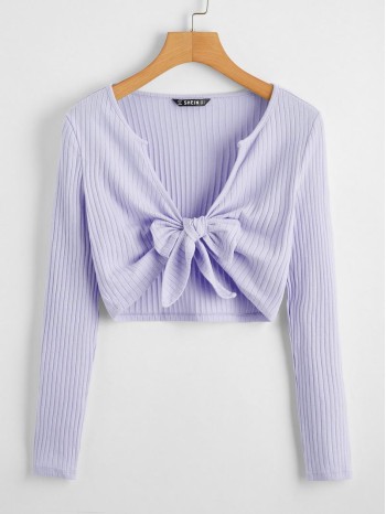 Tie Front Rib-knit Solid Top