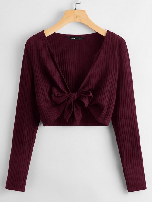 Tie Front Rib-knit Solid Top