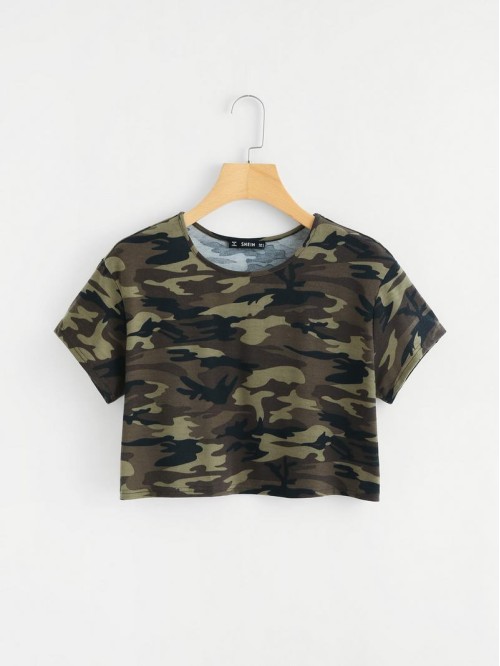 Camo Print Boxy Cropped Tee