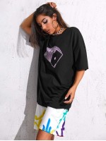 Drop Shoulder Poker Print Longline Tee