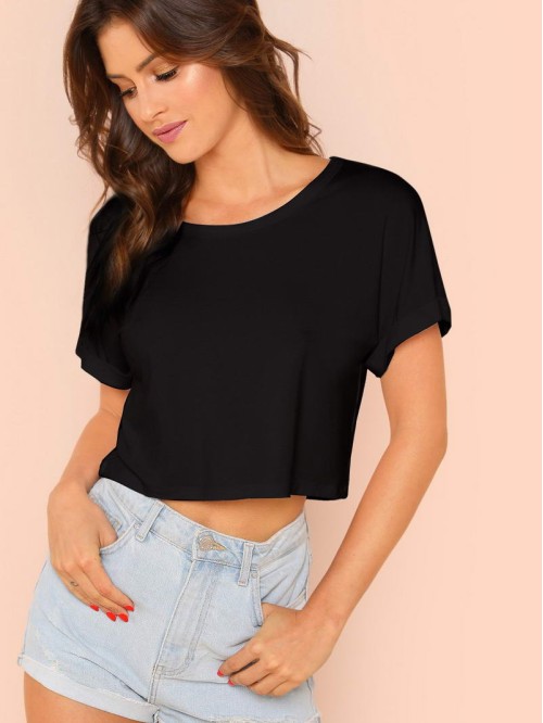 Solid Rolled Sleeve Crop Top