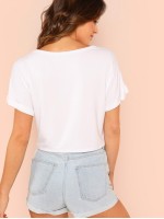 Solid Roll Up Sleeve Crop Top