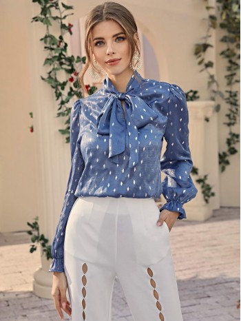 Tie Neck All Over Print Bell Sleeve Satin Top