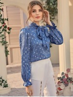 Tie Neck All Over Print Bell Sleeve Satin Top