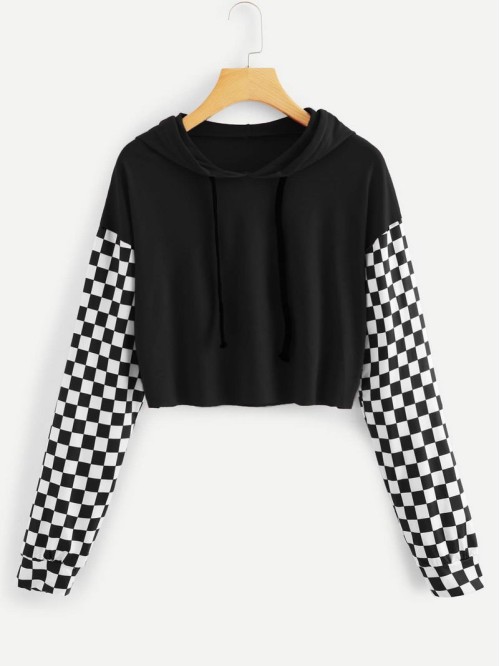 Checkered Sleeve Raw Hem Hooded Tee