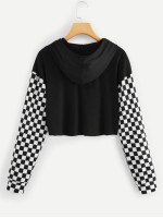 Checkered Sleeve Raw Hem Hooded Tee