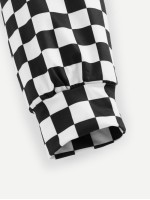 Checkered Sleeve Raw Hem Hooded Tee